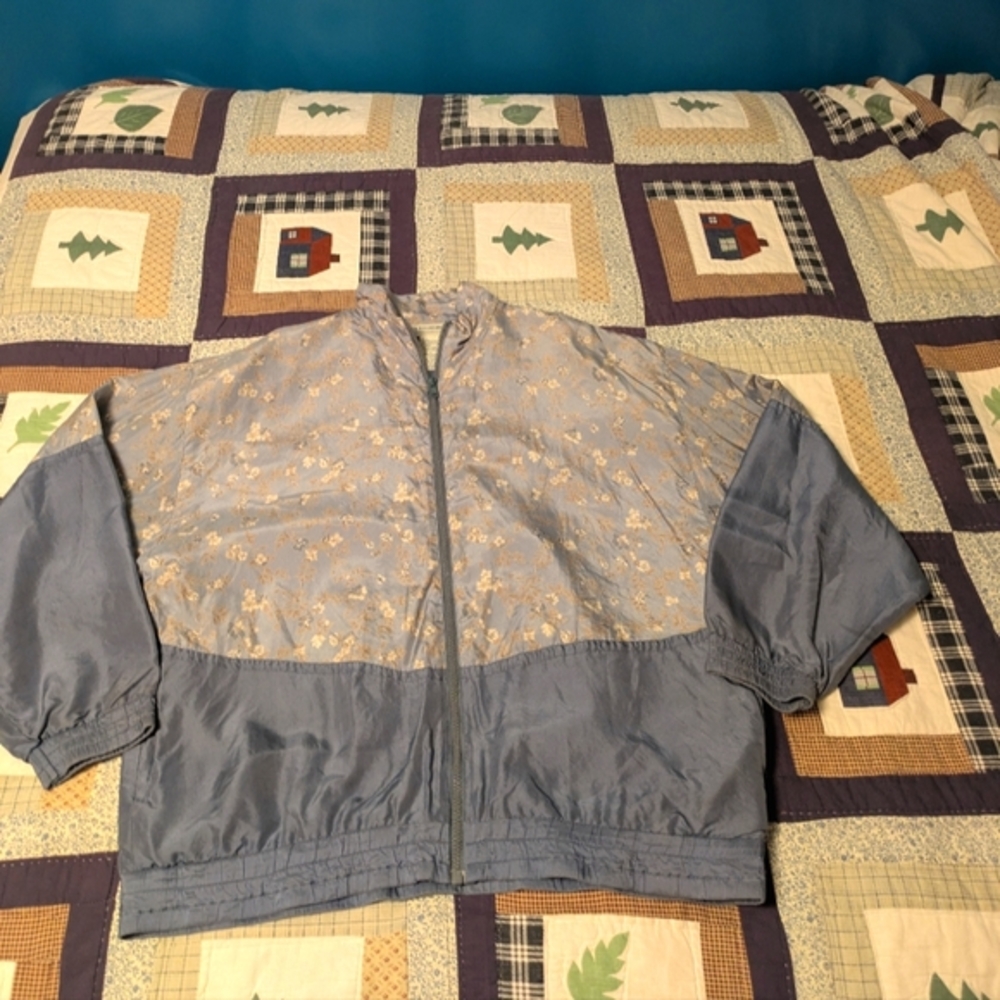Vintage 100% Silk - Silk Exchange Zip Up Floral Bomber, Size L